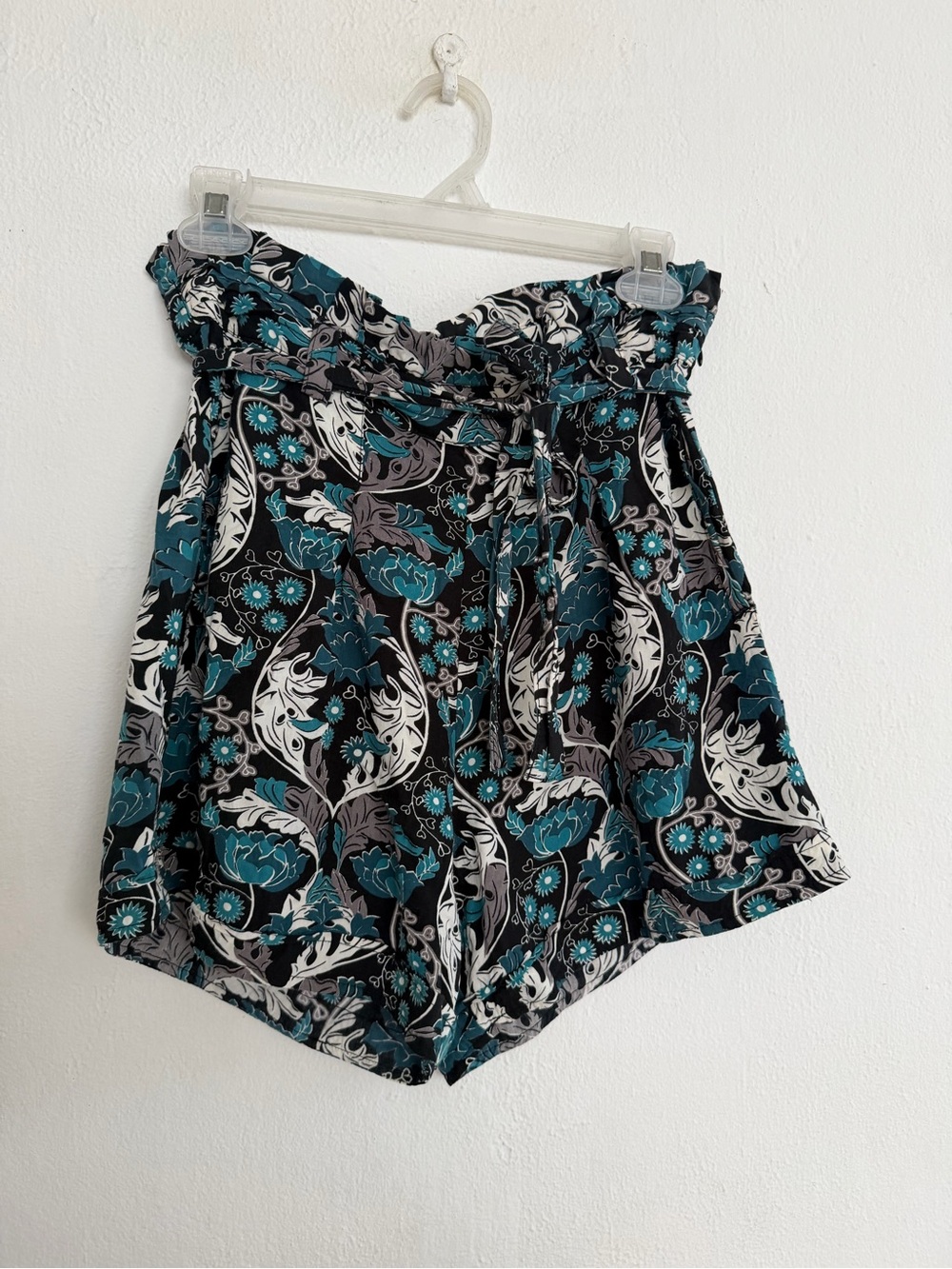 High-Waist Floral Paperbag Shorts in Teal & Black